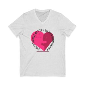 V-Neck Tee — 'Everything's Better With a Kind & Heart' Pink Heart Graphic